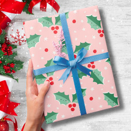 Süße Holly-Beeren Weihnachten rosa Geschenkpapier