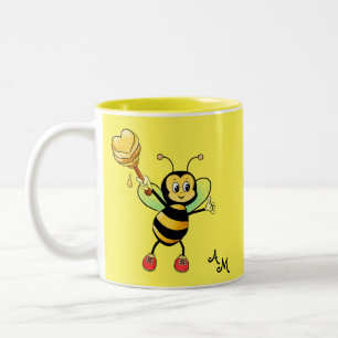 Süße Honigbiene mit Herz & Monogramm auf Gelb Zweifarbige Tasse