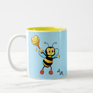 Süße Honigbiene mit Herz & Monogramm auf Hellblau Zweifarbige Tasse