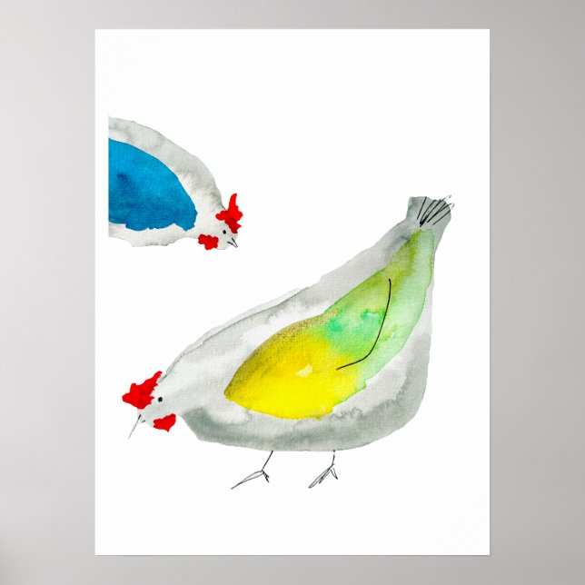 Süße Hühner Aquarell-Kunst Poster (Vorne)