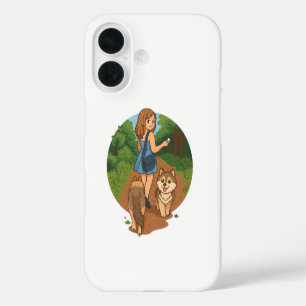 Süße Hundemutter führt Welpen auf Waldweg Illustra iPhone 16 Hülle