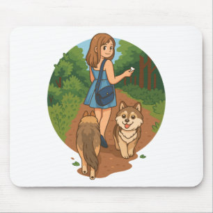 Süße Hundemutter führt Welpen auf Waldweg Illustra Mousepad