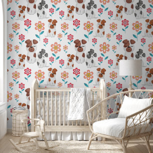Süße Hundemutter und Babys, Blumenmuster Tapete