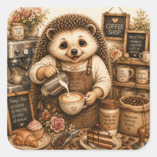 Süße Igel-Barista-Wasserfarbenkunst Quadratischer Aufkleber