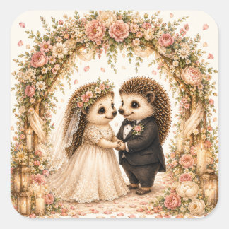 Süße Igel-Hochzeitszeremonie Romantische Blumen Quadratischer Aufkleber
