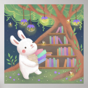 Süße Illustration einer buchverliebten Hasen Poster
