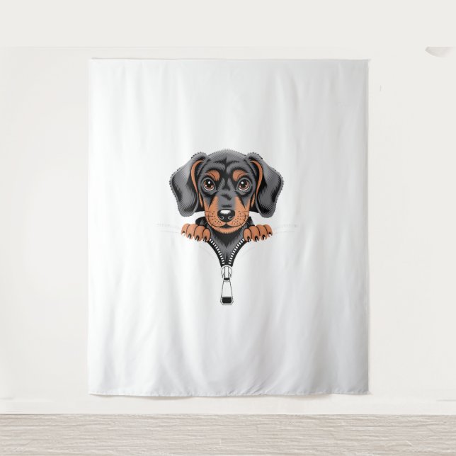 Süße Illustration eines Dachshunds, der aus einem  Wandteppich (Vorderseite)