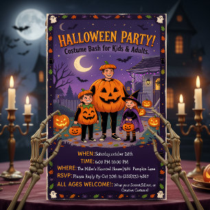 Süße illustrierte Halloween-Kostüm-Party-Familie Einladung