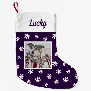 Süße individuelle Hund-Foto-Name Lila Weiße Pfoten Kleiner Weihnachtsstrumpf