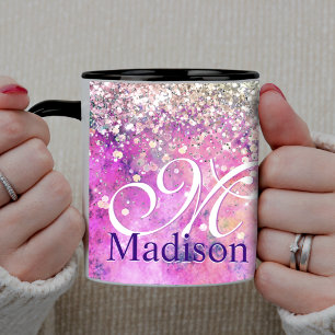 Süße irisierende silberne falsche Glitter-Monogram Tasse