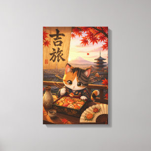 Süße japanische Anime-Katze Kimono Mount Fuji Herb Leinwanddruck