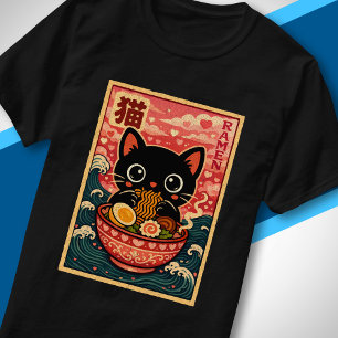 Süße japanische Herz niedliche schwarze Katze isst T-Shirt