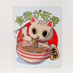 Süße japanische Katze, die Nudeln mit Stäbchen iss