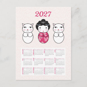 Süße japanische Kokeshi-Puppe 2027 Kalender Postkarte