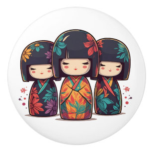 Süße japanische Kokeshi-Puppen Keramikknauf