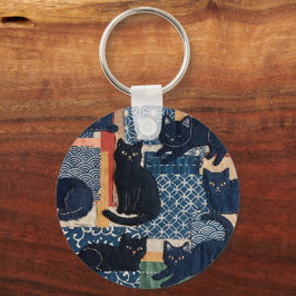 Süße japanische schwarze Katzen Patchwork Schlüsselanhänger