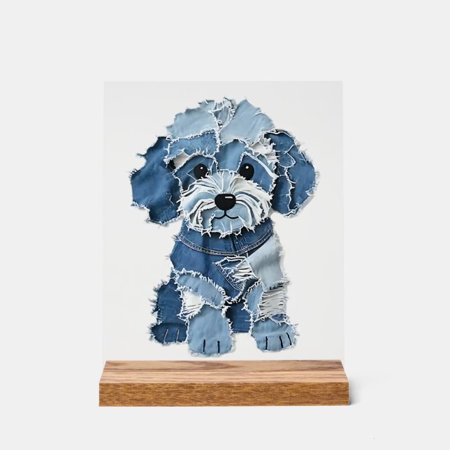 Süße Jeans-Patchwork-Hunde-Illustration Acrylschild (Vorderseite)