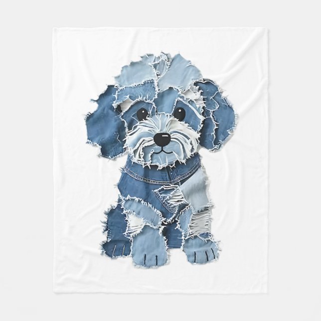 Süße Jeans-Patchwork-Hunde-Illustration Fleecedecke (Vorderseite)