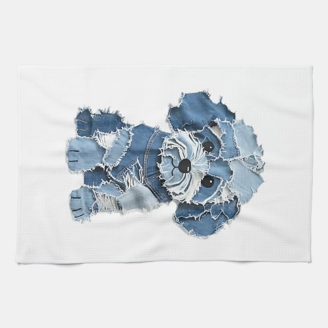Süße Jeans-Patchwork-Hunde-Illustration Geschirrtuch (Horizontal)