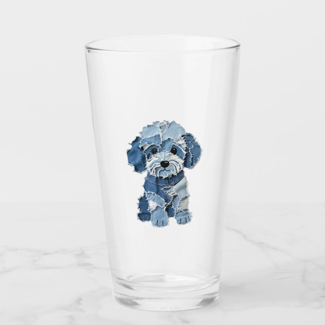 Süße Jeans-Patchwork-Hunde-Illustration Glas (Vorderseite)