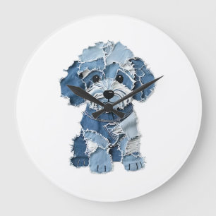 Süße Jeans-Patchwork-Hunde-Illustration Große Wanduhr