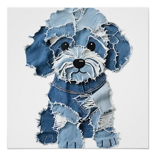 Süße Jeans-Patchwork-Hunde-Illustration Poster (Vorderseite)