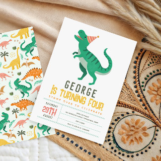 Süße Jungen T-Rex Dinosaurier Kinder 4. Geburtstag Einladung