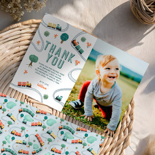 Süße Jungen Zug Foto Geburtstag Dankeskarte