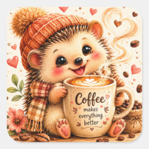 Süße Kaffee-Igel-Wasserfarben-Kunst Quadratischer Aufkleber