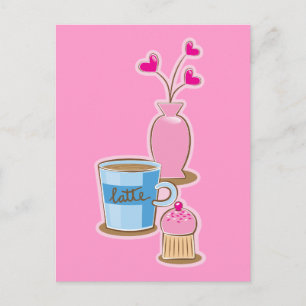 Süße Kaffeepause mit Latte-Blumen-Herzen Postkarte
