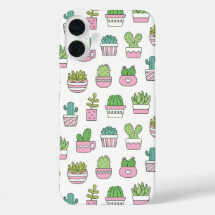 Süße Kaktus-Sukkulenten-Pflanzen-Doodles-Muster iPhone 16 Plus Hülle
