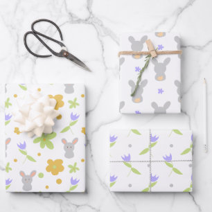 Süße Kaninchen Lila Blumen  Geschenkpapier Set