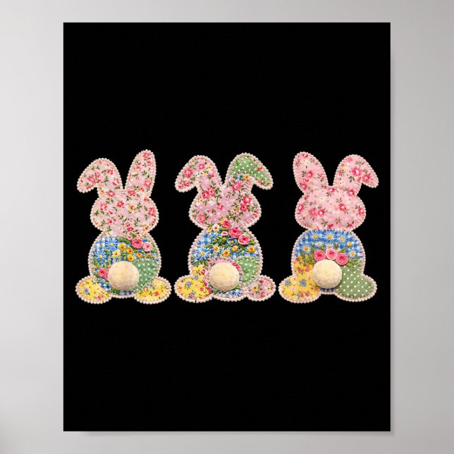 Süße Kaninchen Patchwork-Blumen-Oster-Eier Frohe O Poster (Vorne)