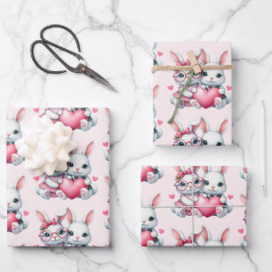 Süße Kaninchen teilen ein Herz-Muster Geschenkpapier Set