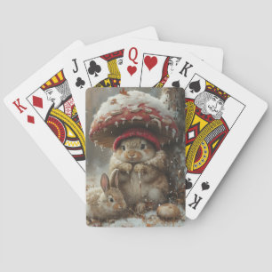 Süße Kaninchen unter Pilz Winter Spielkarten