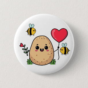 Süße Kartoffel. Rotes Herzballon und Kawaii-Bienen Button
