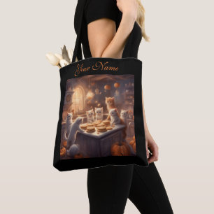 Süße Kätzchen backen Halloween-Leckereien in einer Tasche