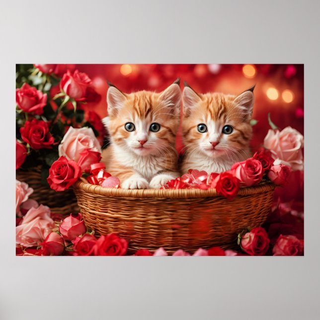 Süße Kätzchen in einem Strohkorb Poster (Vorne)
