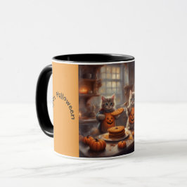 Süße Kätzchen in Halloween-Kostümen backen Kekse Tasse