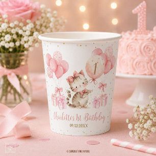 Süße Kätzchen Katze Rosa Ballons 1. 2. 3. Geburtst Pappbecher
