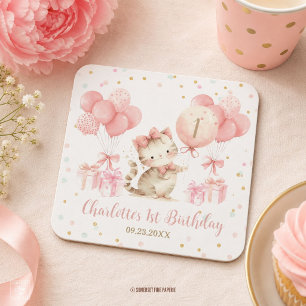 Süße Kätzchen Katze Rosa Ballons 1. 2. 3. Geburtst Rechteckiger Pappuntersetzer