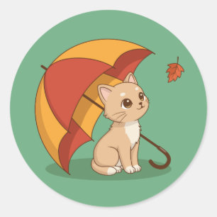 Süße Kätzchen Katze Rot Gelb Regenschirm Fall Grün Runder Aufkleber