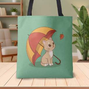 Süße Kätzchen Katze Rot Gelb Regenschirm Fall Grün Tasche