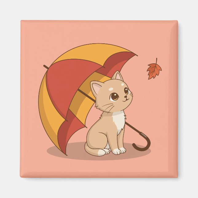 Süße Kätzchen Katze Rot Gelb Regenschirm Fall Rosa Magnet (Vorne)