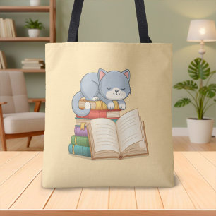 Süße Katze auf einem Bücherstapel Gelb Tasche