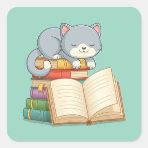 Süße Katze auf einem Bücherstapel Grün Quadratischer Aufkleber