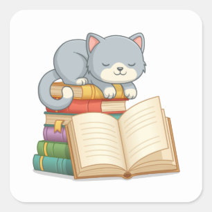 Süße Katze auf einem Bücherstapel Quadratischer Aufkleber