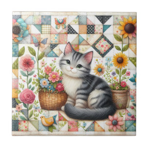 Süße Katze auf floraler Steppdecke Cottagecore Fliese