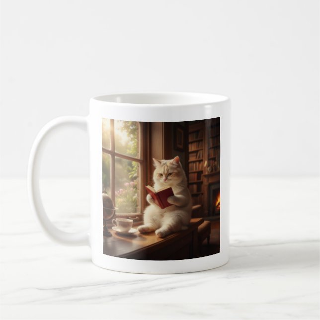 Süße Katze beim Lesen Kaffeetasse (Links)