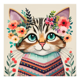 Süße Katze Blumige Wasserfarben  Fotodruck